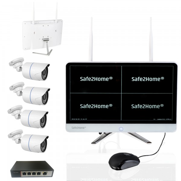 Safe2Home® POE / Funk Überwachungskamera 8 Kanal Set - 4x Full HD POE Cam Nachtsicht - Rekorder